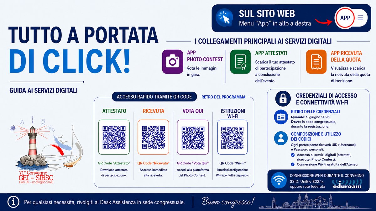 Guida ai Servizi Digitali del Convegno GEI-SIBSC 2026 Bari: Come Accedere ad Attestati, Ricevute e Photo Contest
